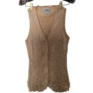 Vintage Boho Festival Vest Cream Lace Beaded Marabou Feather Trim Women’s S